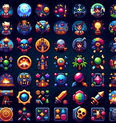 Название продукта: "Bombie: Искусство Иконок"  

Описание: Комплект "Bombie: Искусство Иконок" предлагает профессионально разработанные иконки для игры, которые подчеркнут уникальность и атмосферу любого игрового проекта. Этот набор создан с учётом последних тенденций в игровом дизайне и превосходно подходит для разработчиков, стремящихся придать своему продукту запоминающийся и современный визуальный стиль.